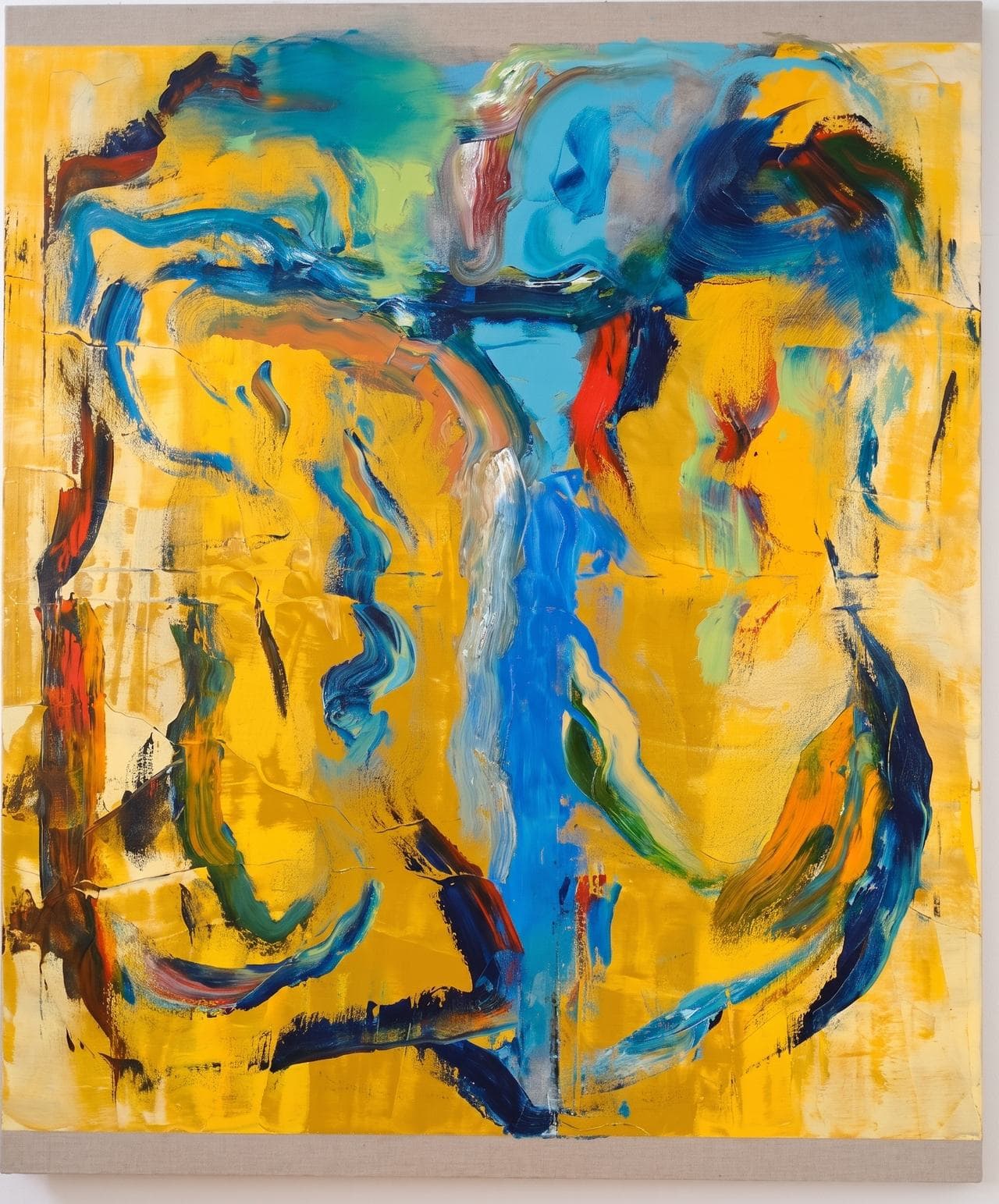 Golden ground swept with blue, green, red and orange gestural strokes.