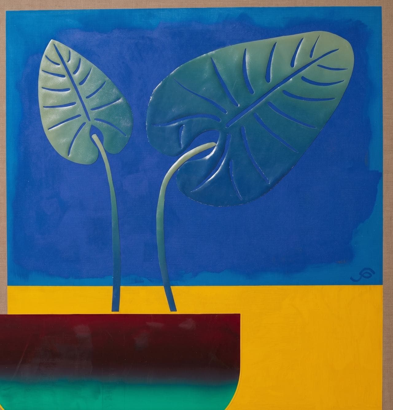 Two sculpted elephant-ear leaves in a gradient pot on cobalt blue.