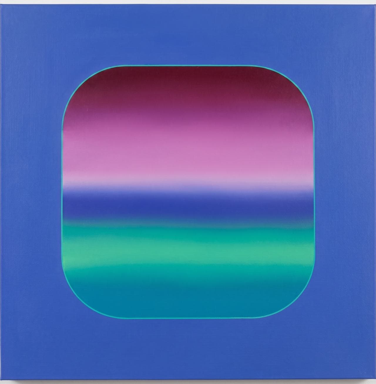 Cobalt canvas holding a rounded-square window of sunset gradient.