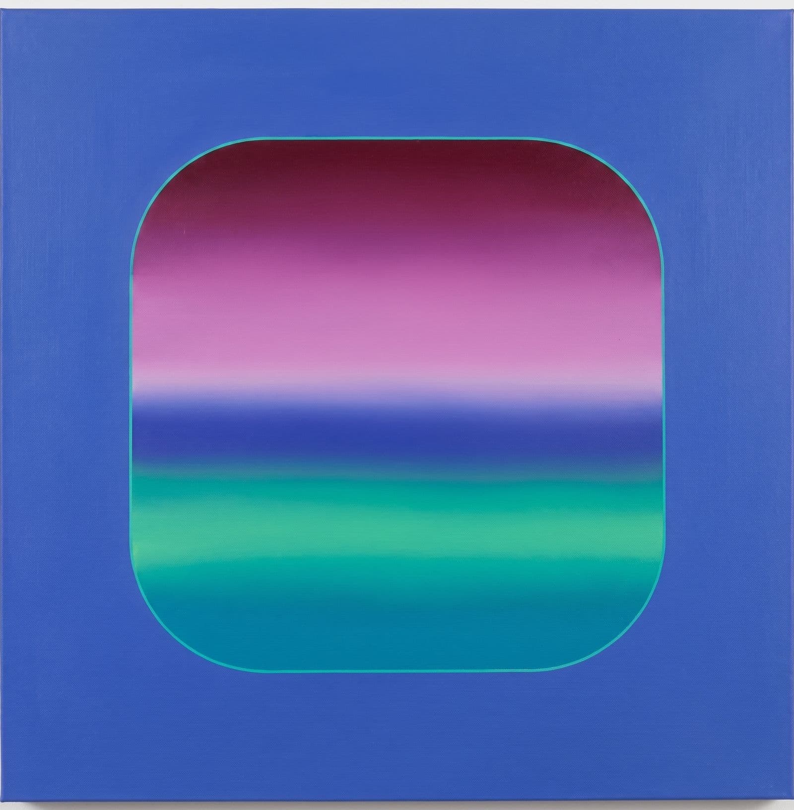 Cobalt canvas holding a rounded-square window of sunset gradient.