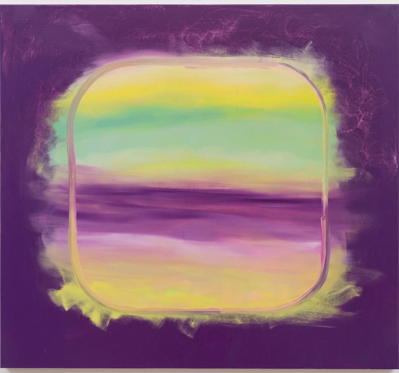 Deep purple ground around a soft yellow, green and purple horizon window.