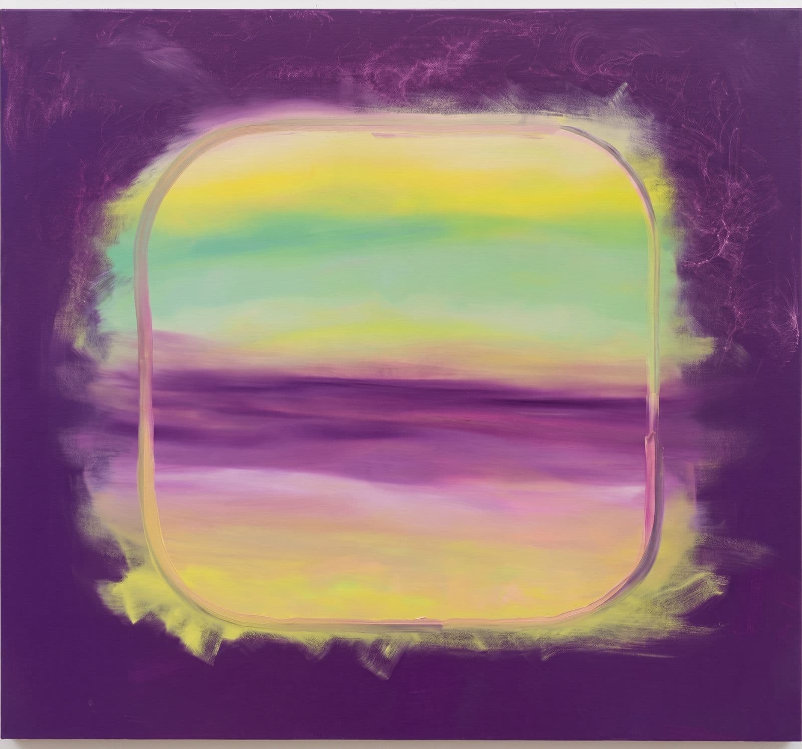 Deep purple ground around a soft yellow, green and purple horizon window.