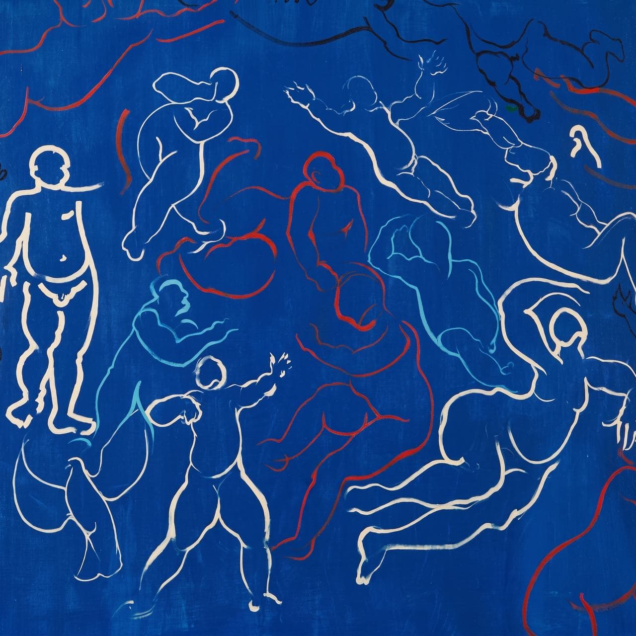 Loose white and red outline figures on a cobalt-blue ground.