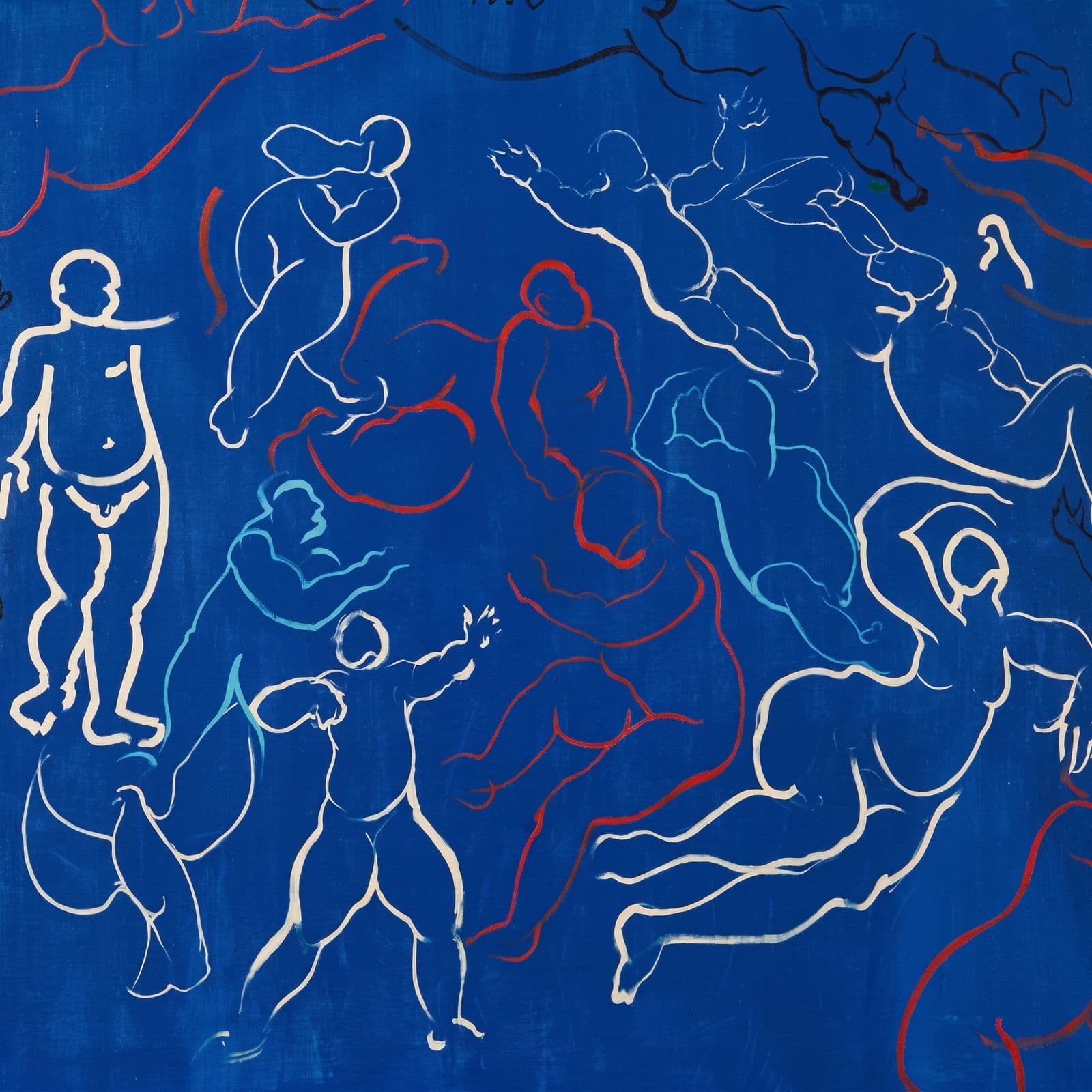 Loose white and red outline figures on a cobalt-blue ground.