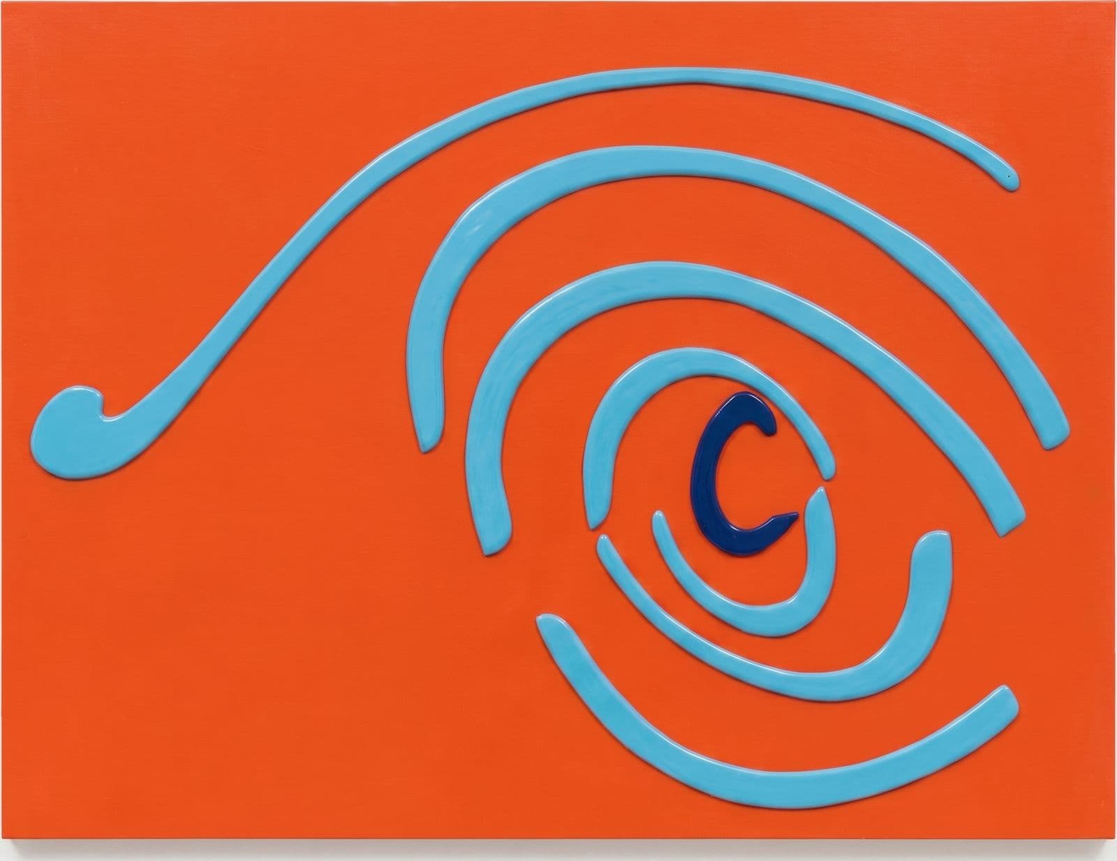 Orange panel with a light-blue spiral curling into a dark navy center.