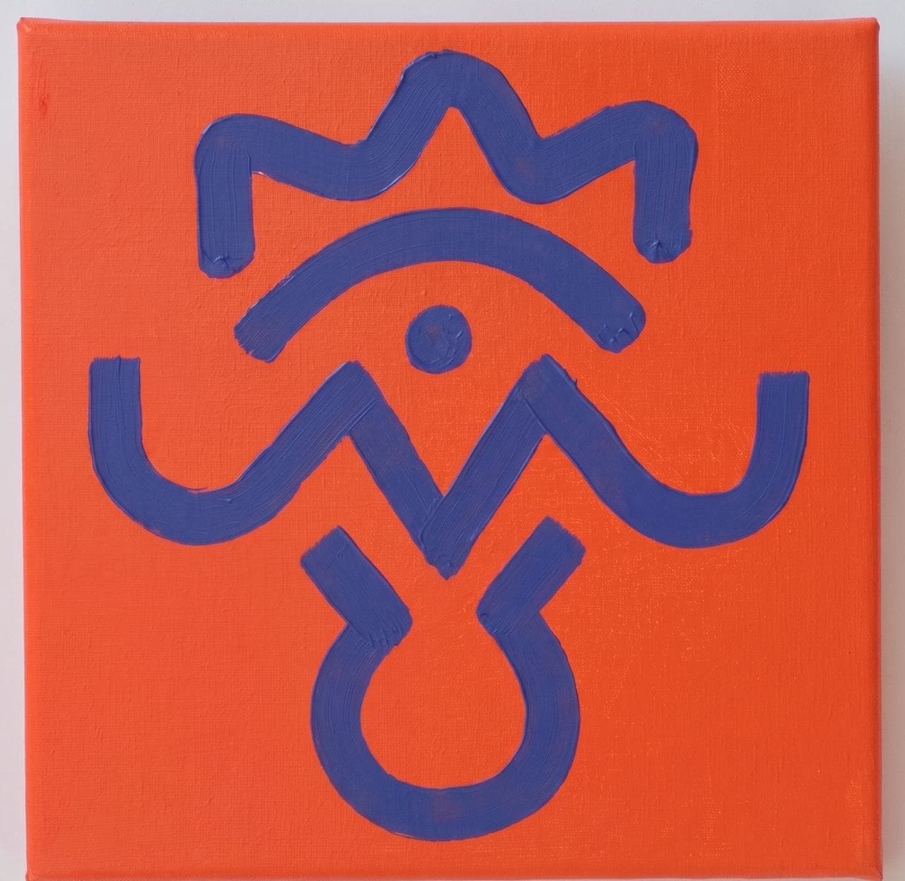 Orange canvas with a blue and violet crown-and-eye totem symbol.
