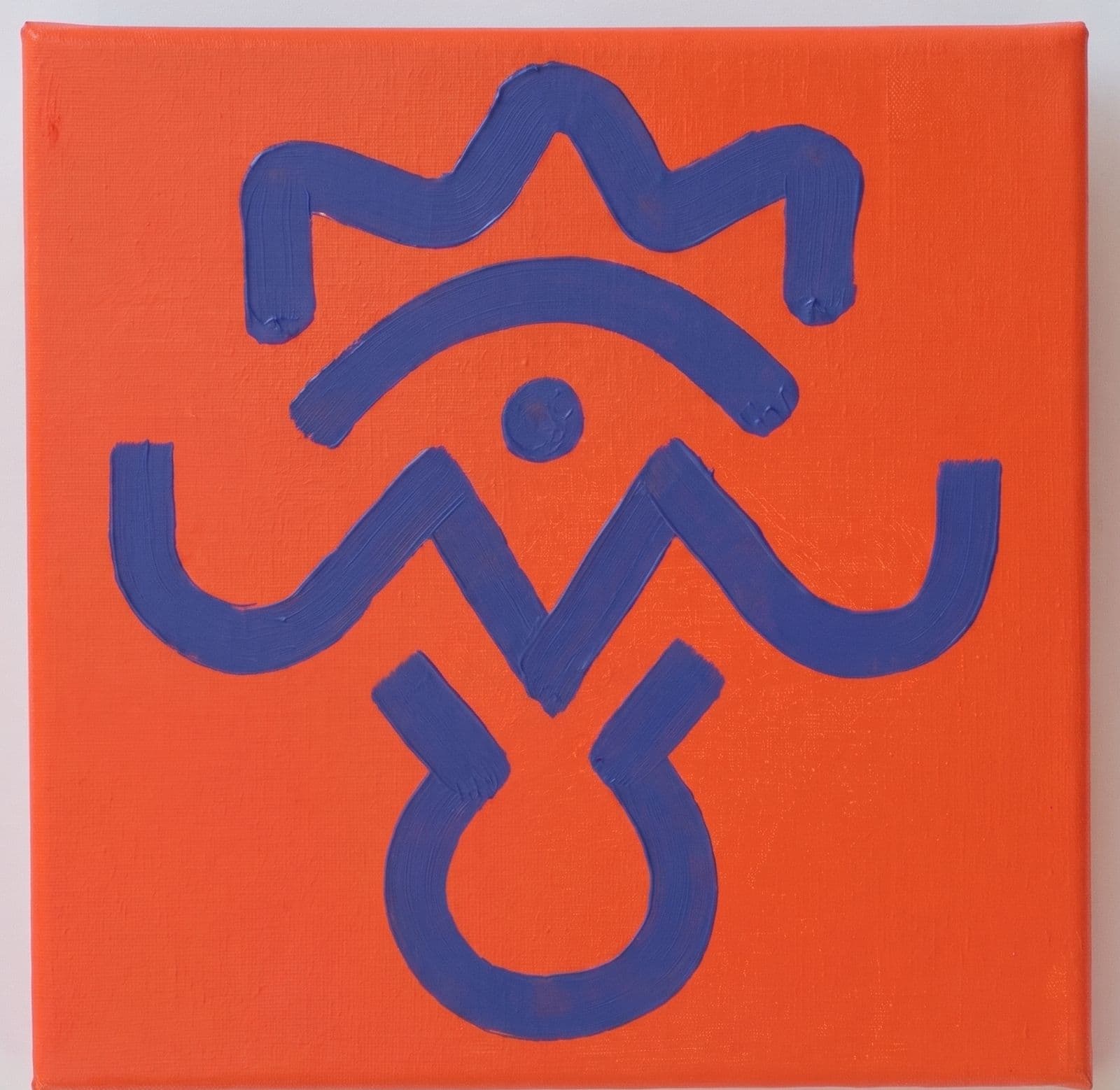 Orange canvas with a blue and violet crown-and-eye totem symbol.