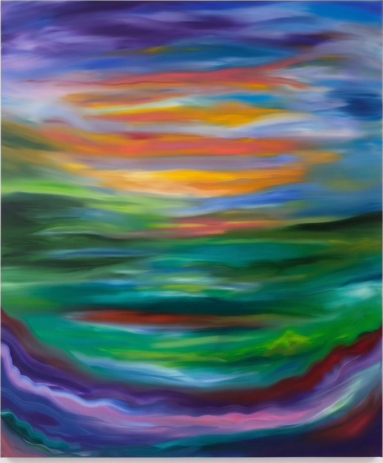 Atmospheric sunset waterscape in purple, orange, yellow, green and teal.