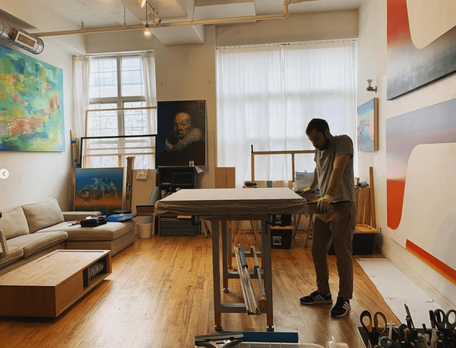 Julian's studio loft, canvases and light.