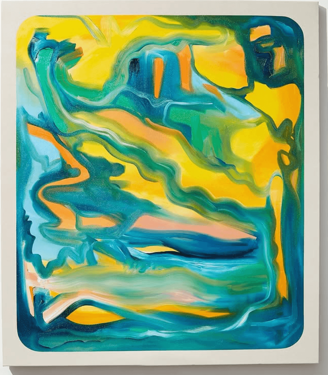 Swirling teal, blue, green and peach gestural oil strokes.