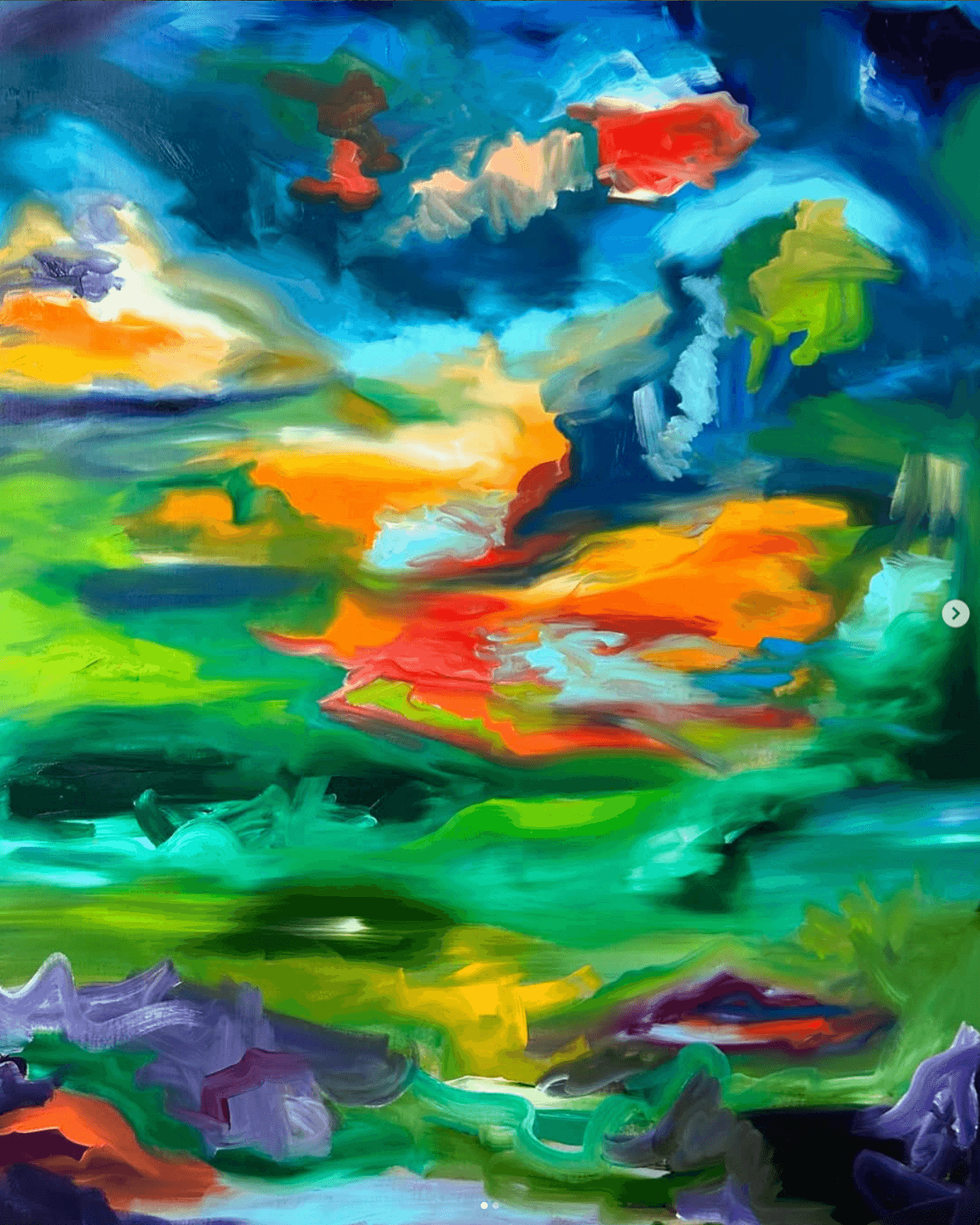 Vivid gestural landscape of orange, red and green impasto under blue sky.