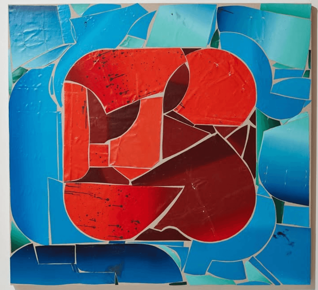 Mosaic of cracked paint shards, a red-orange mass over blue fragments.