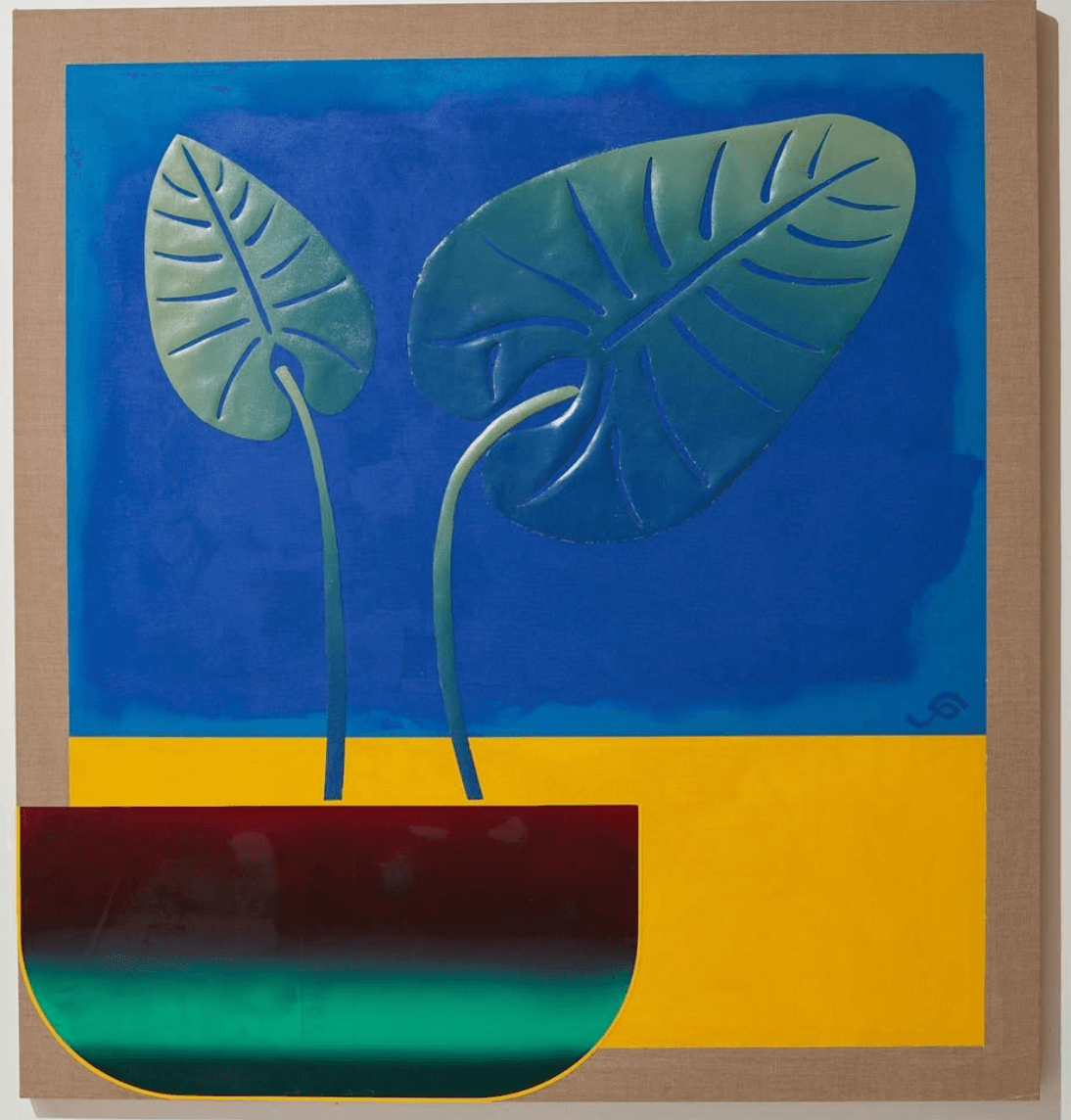 Two sculpted elephant-ear leaves in a gradient pot on cobalt blue.