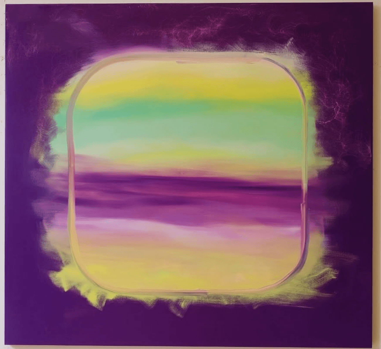 Deep purple ground around a soft yellow, green and purple horizon window.