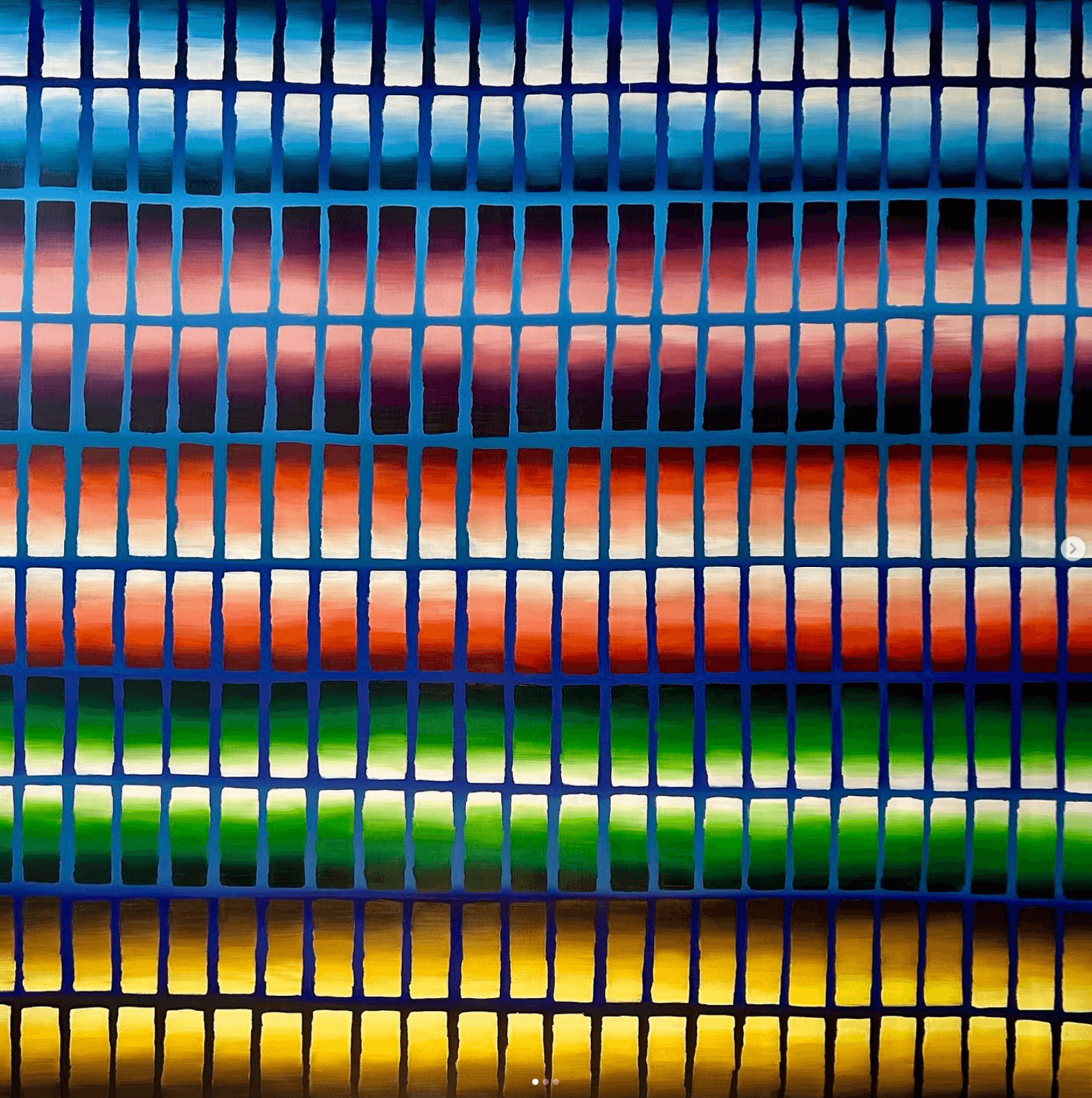 Luminous grid of shifting gradient tiles on a blue lattice.