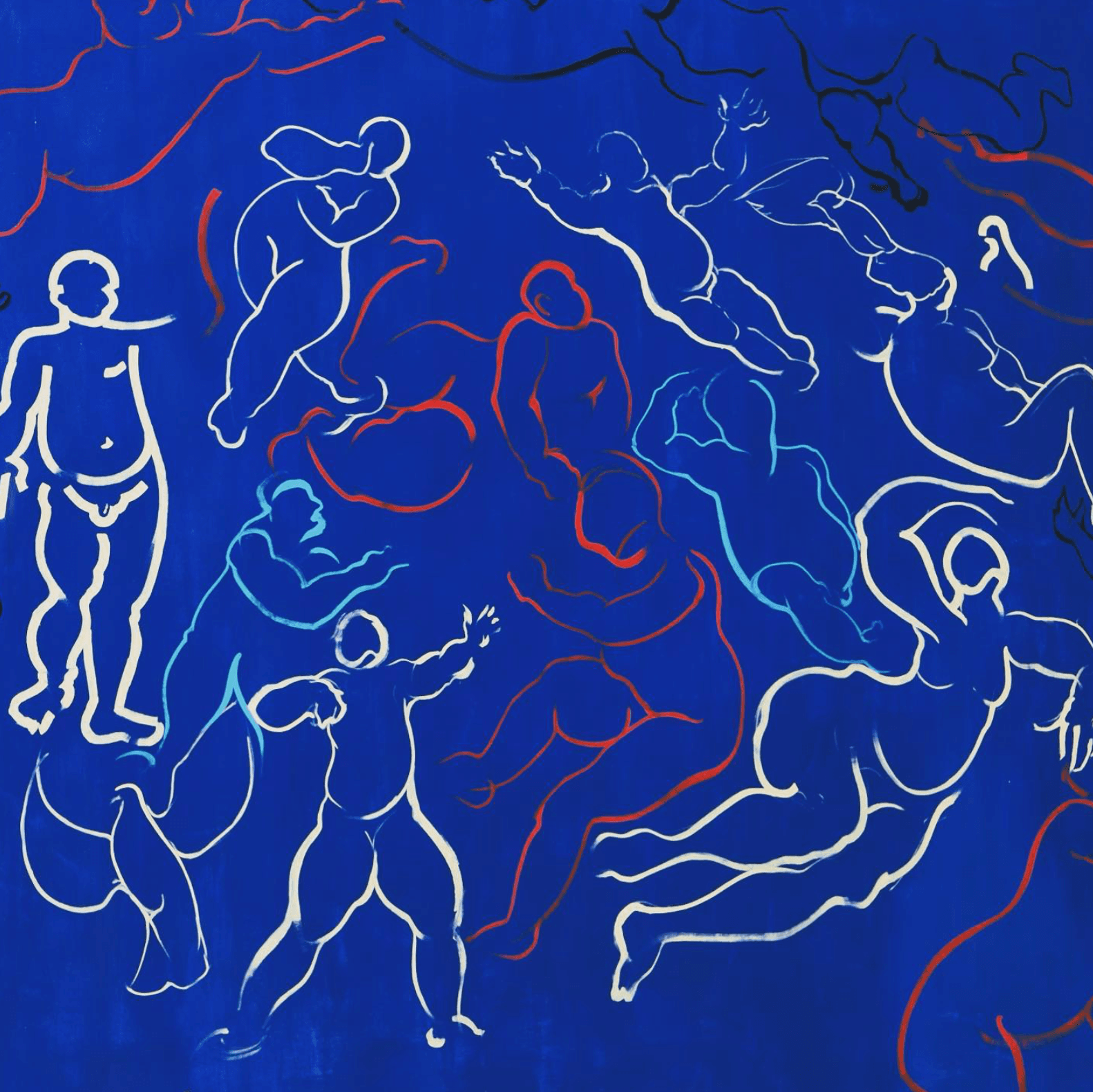 Loose white and red outline figures on a cobalt-blue ground.