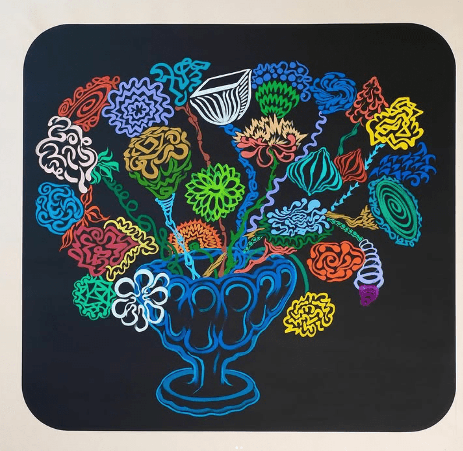 Multicolor line-drawn bouquet in a blue vase on a black ground.