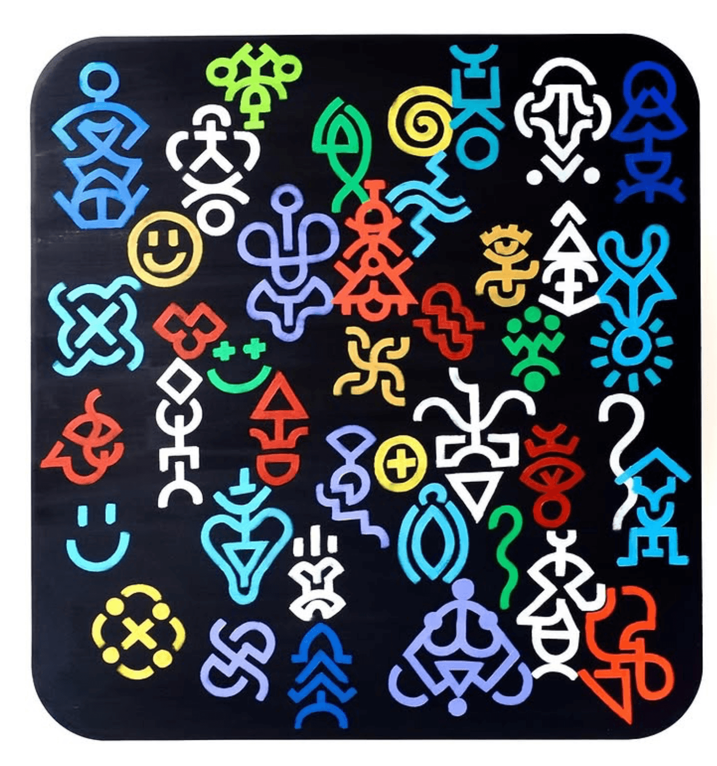 Dark panel scattered with dozens of small multicolor pictograph symbols.