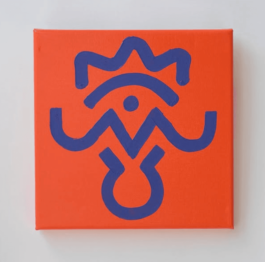 Orange canvas with a blue and violet crown-and-eye totem symbol.
