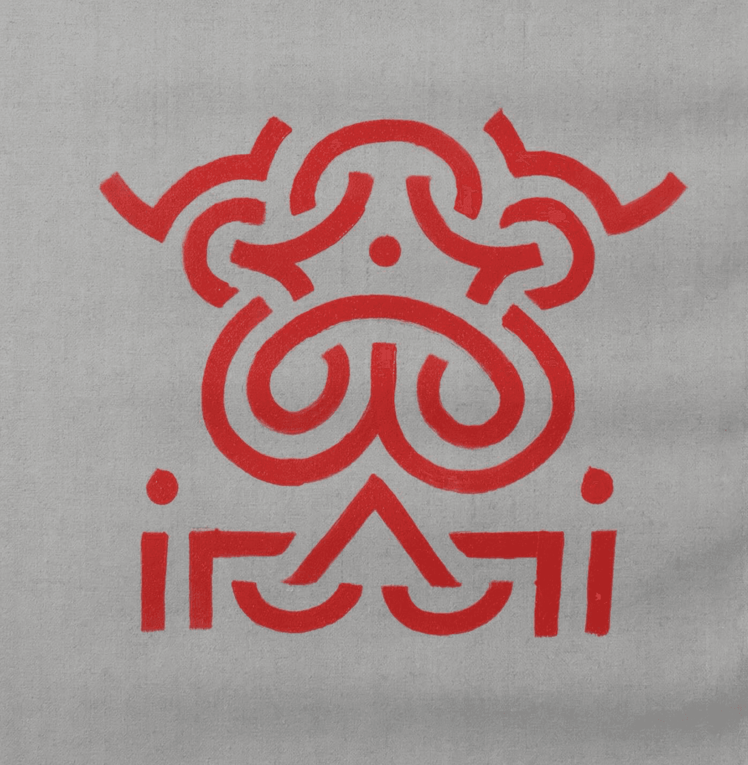 Red symmetrical totem sigil painted on raw linen, from the Light Language series.