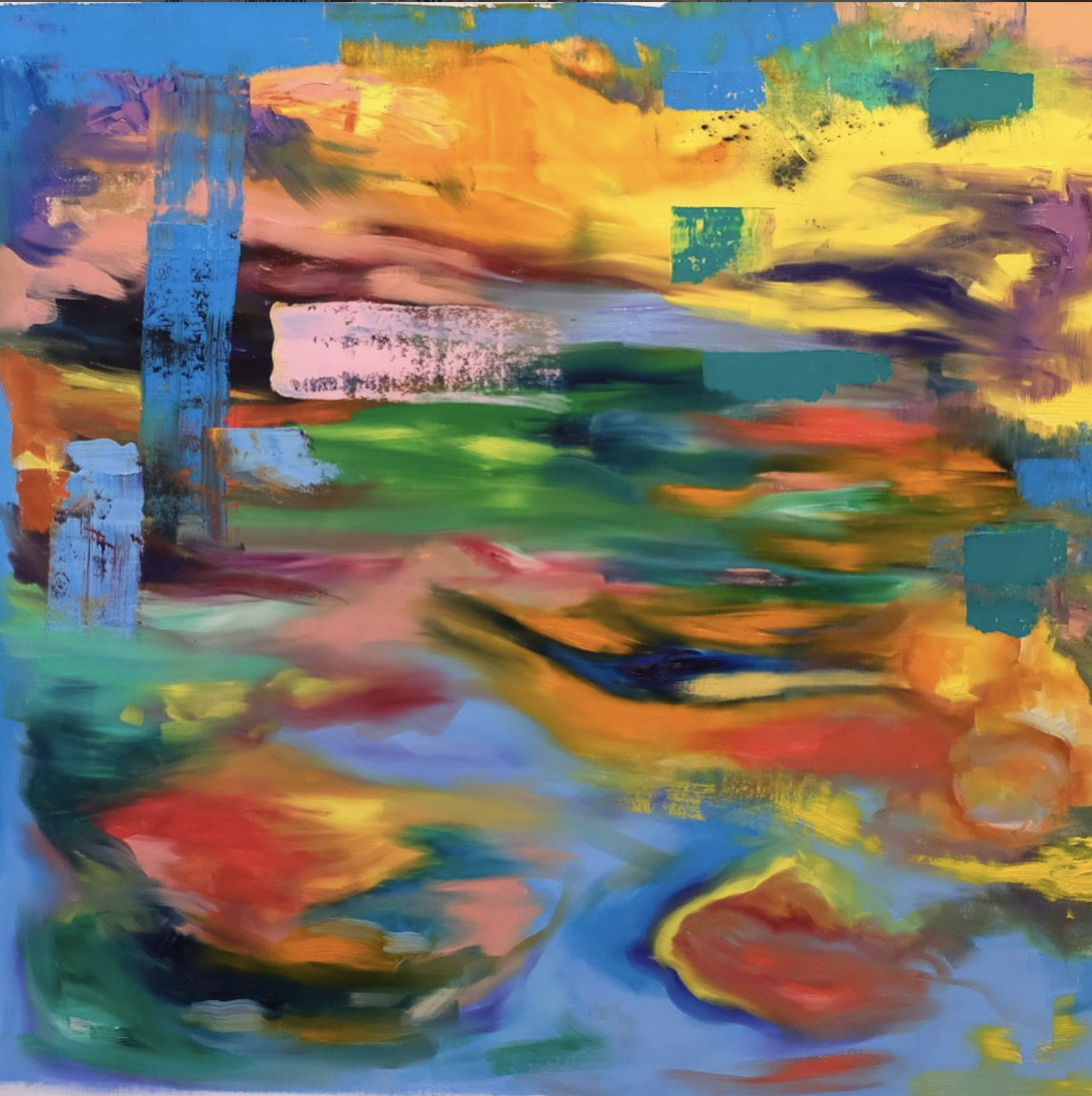Gestural abstract landscape in blues, yellows, greens and teal.