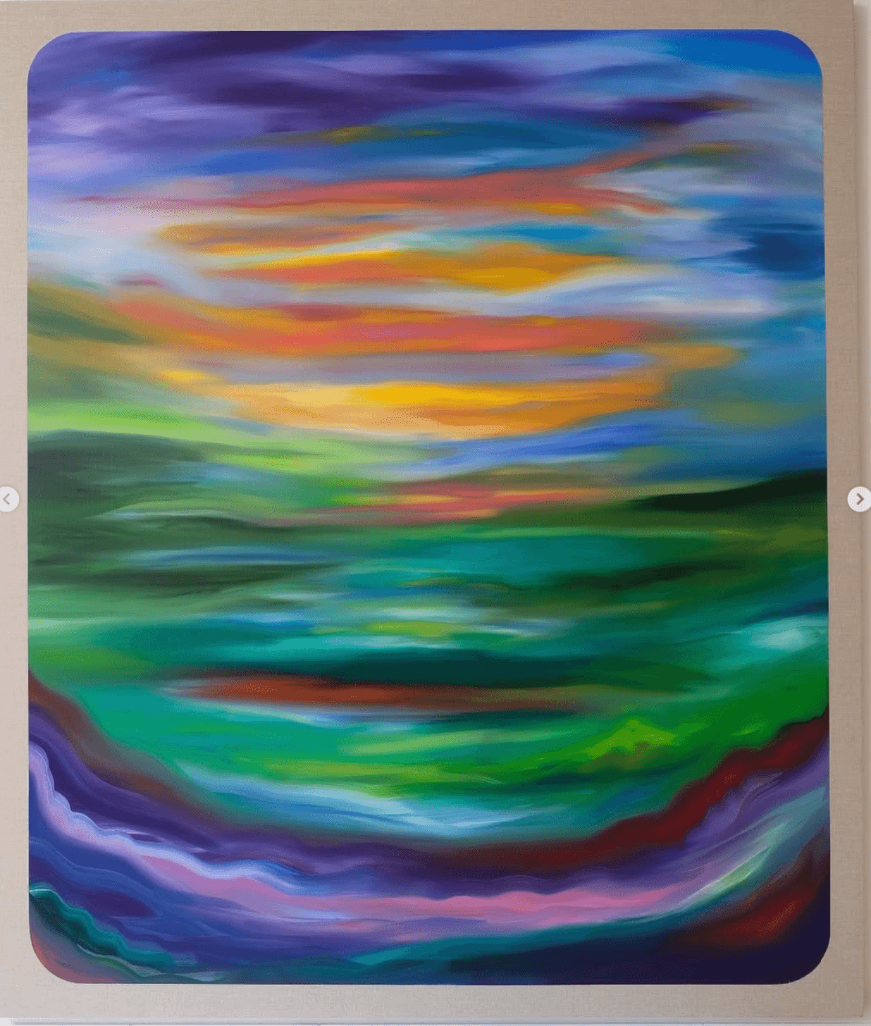 Atmospheric sunset waterscape in purple, orange, yellow, green and teal.