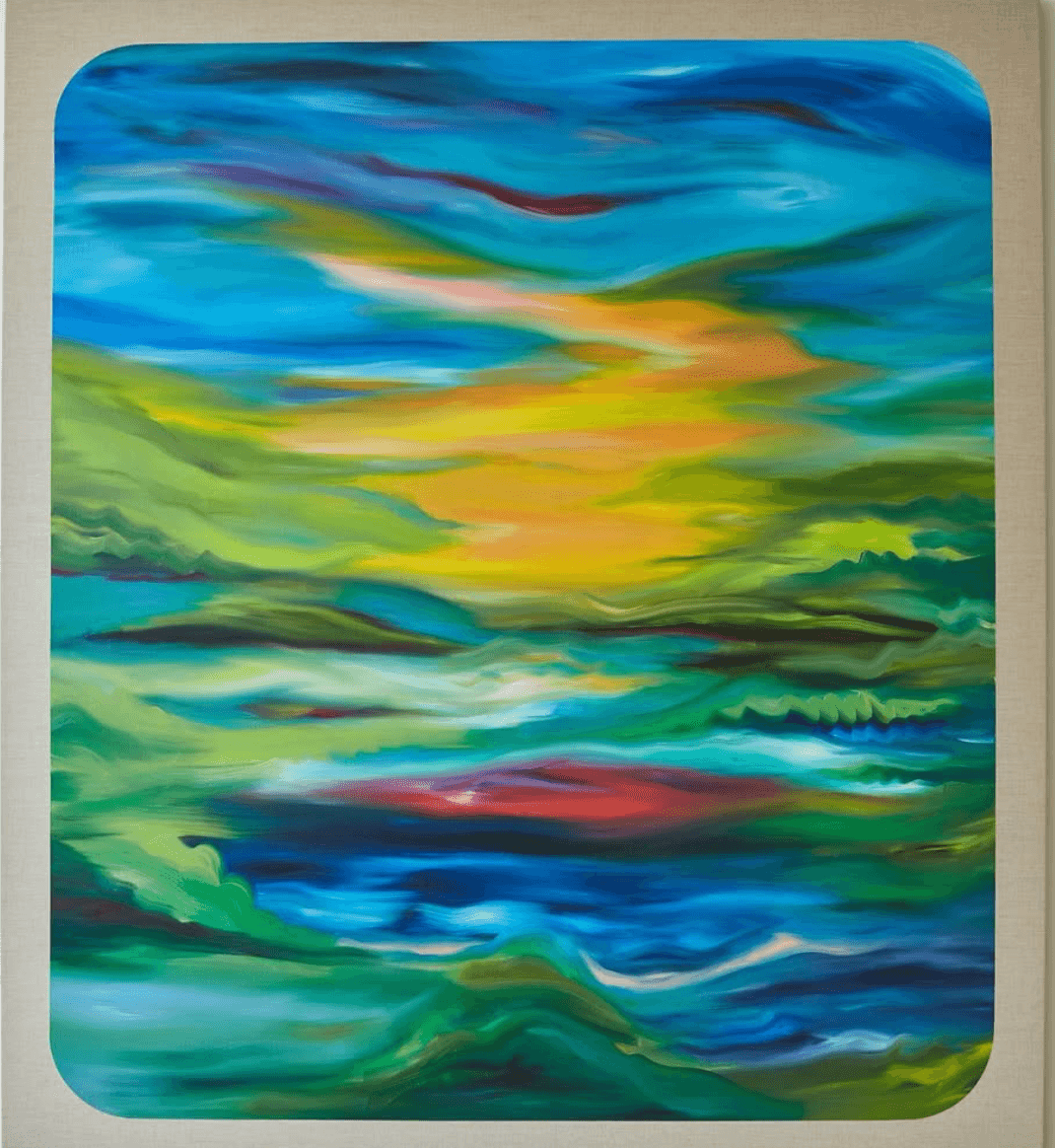 Abstract blue, green and gold seascape with a red accent band.