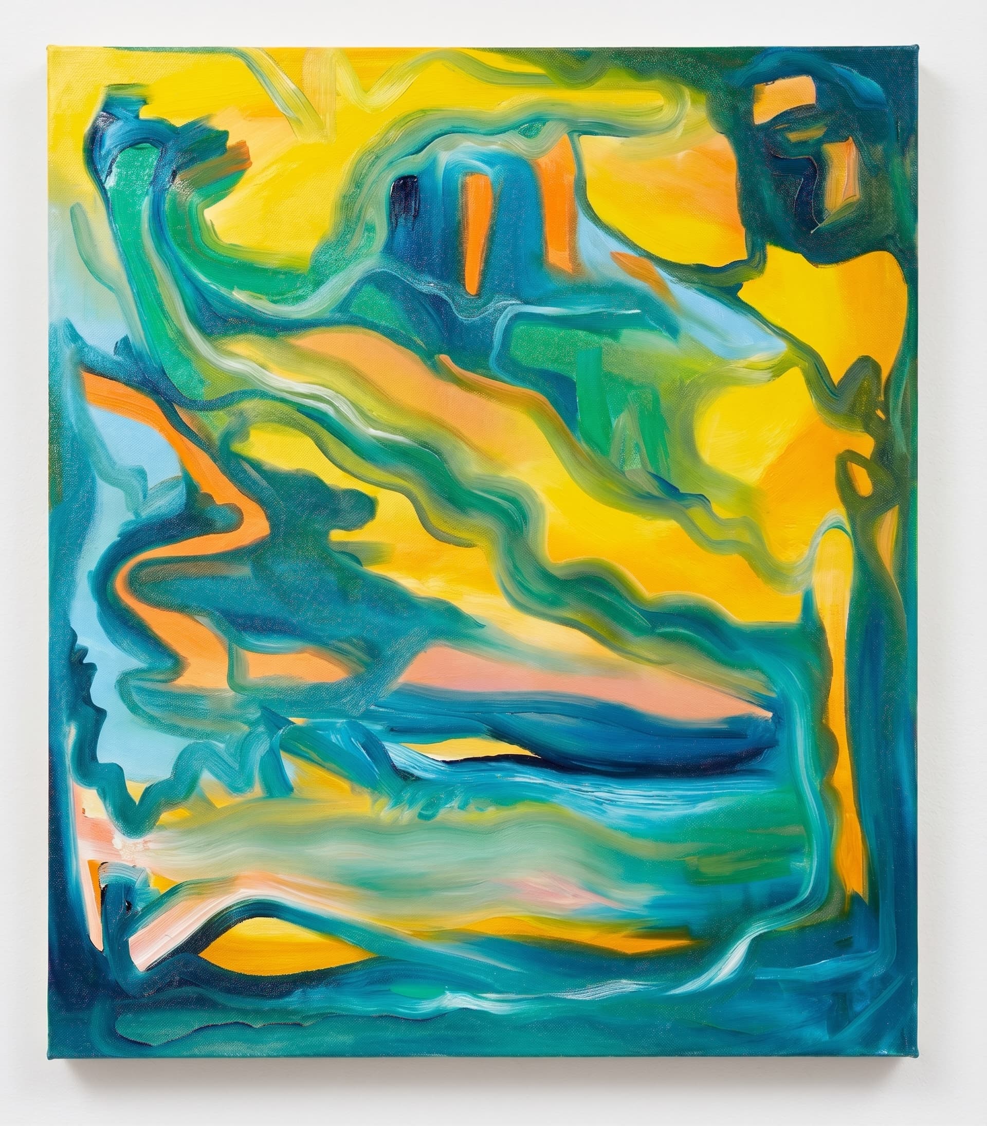 Swirling teal, blue, green and peach gestural oil strokes.