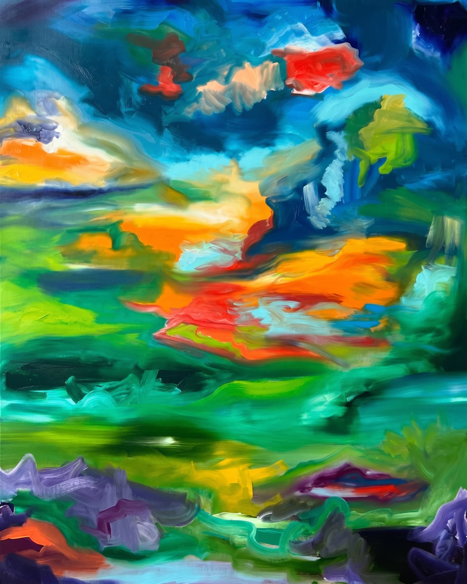 Vivid gestural landscape of orange, red and green impasto under blue sky.