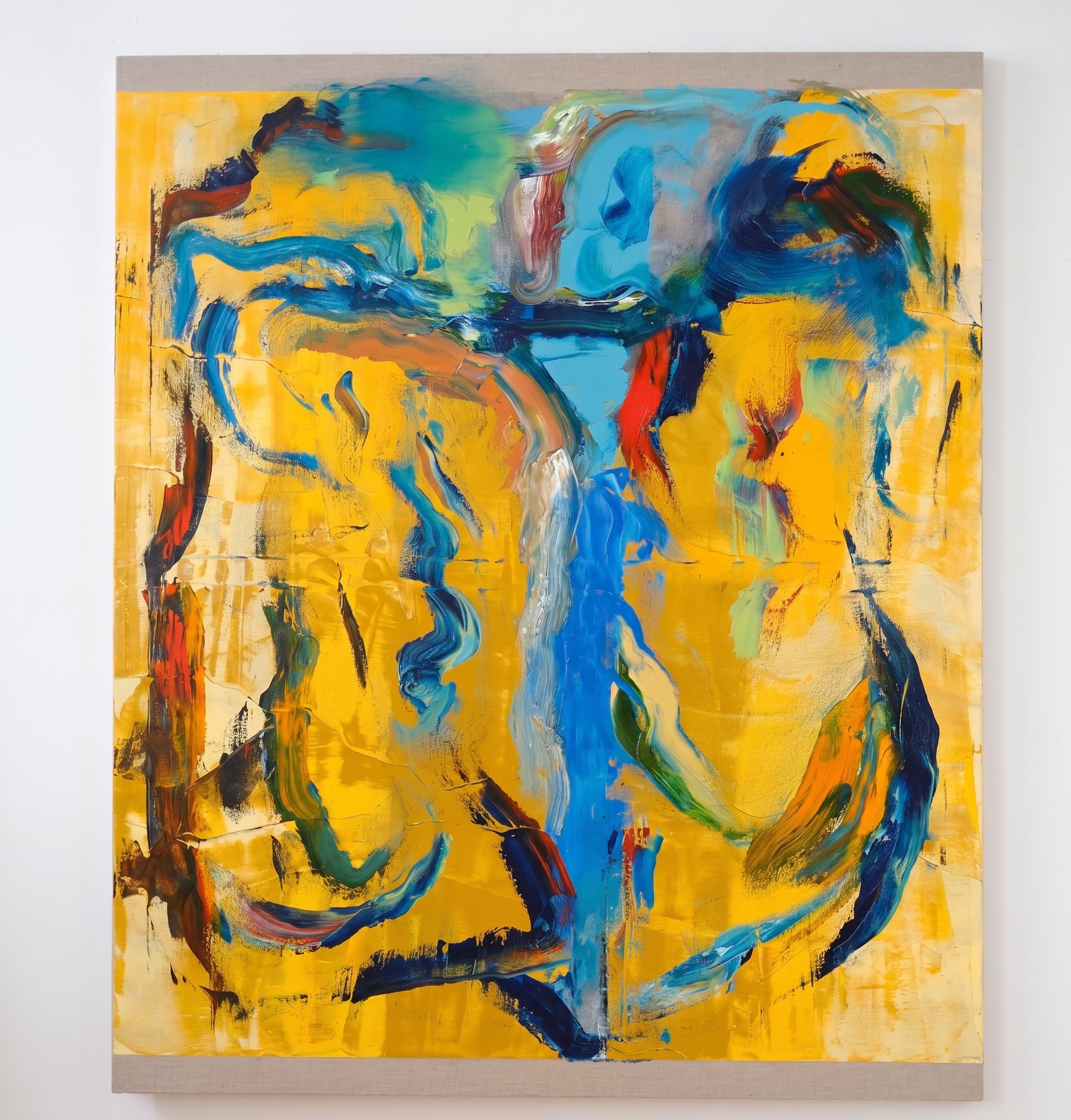 Golden ground swept with blue, green, red and orange gestural strokes.