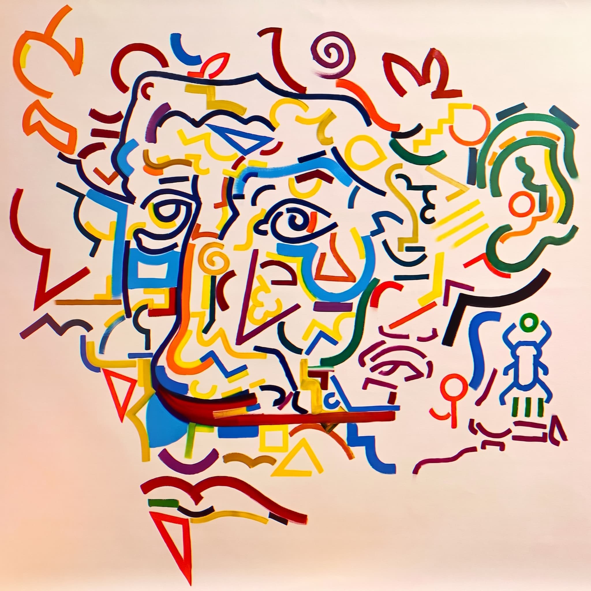 Abstract head drawn in tangled ribbons of primary color on cream.