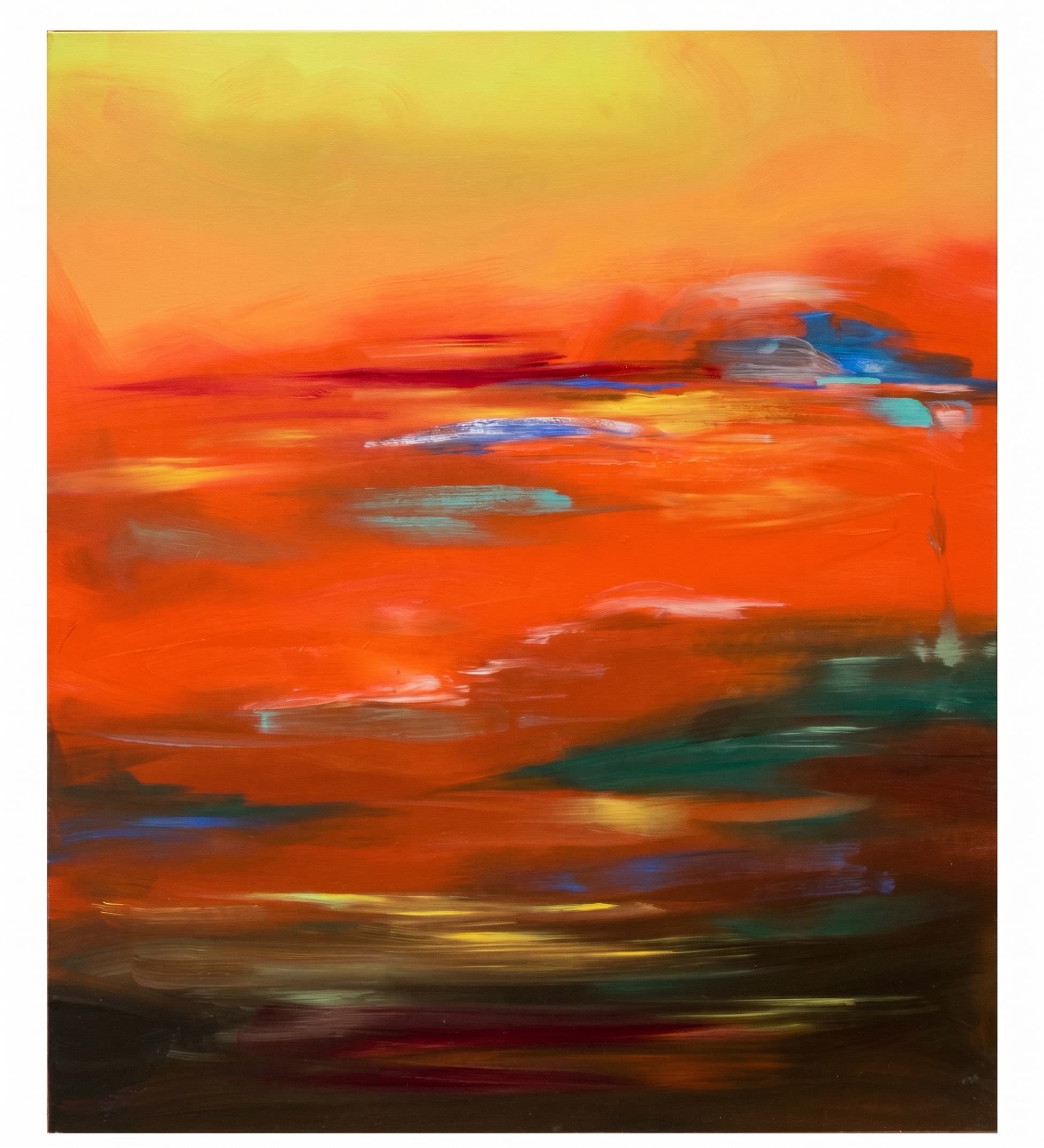 Atmospheric abstract of molten orange and red with blue and teal streaks.