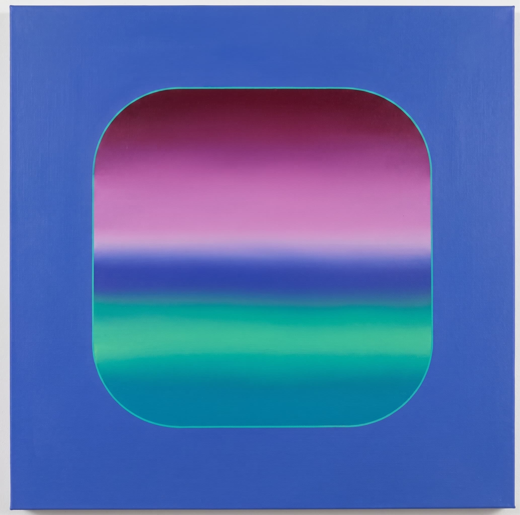Cobalt canvas holding a rounded-square window of sunset gradient.