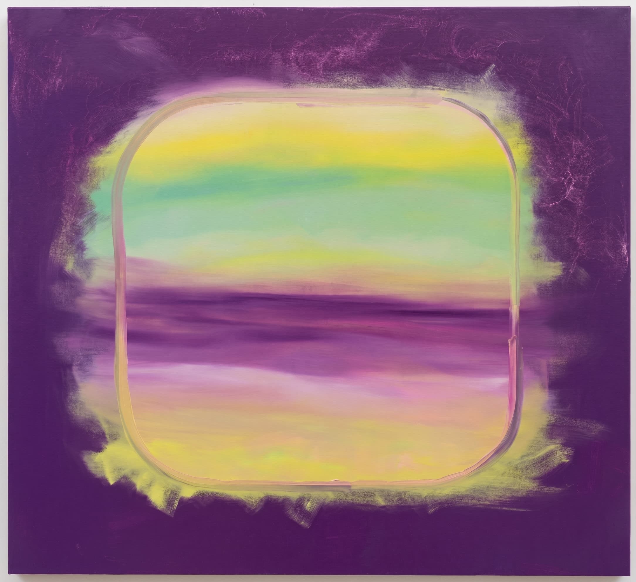 Deep purple ground around a soft yellow, green and purple horizon window.