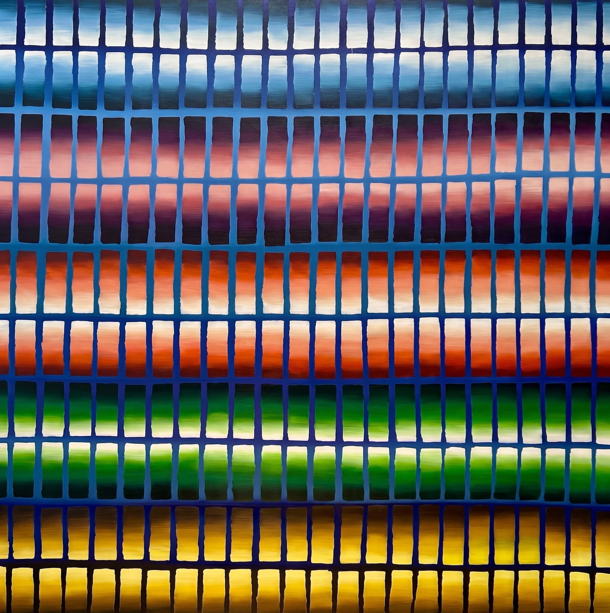 Luminous grid of shifting gradient tiles on a blue lattice.