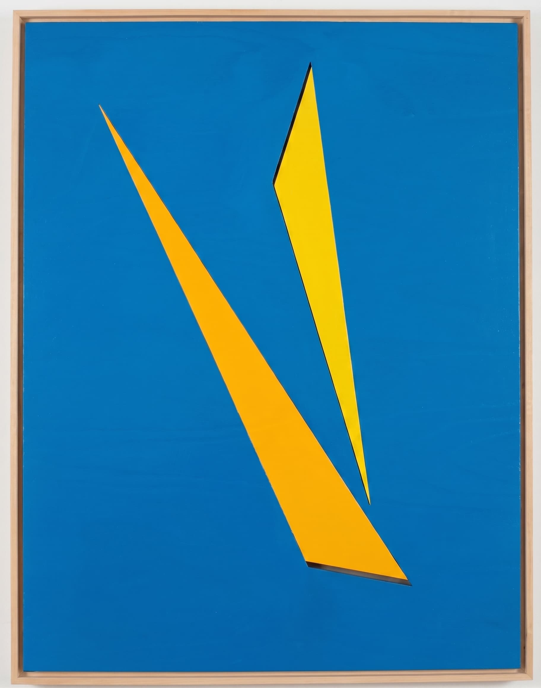 Two gold angular blade shapes on a blue field, hard-edge and minimal.