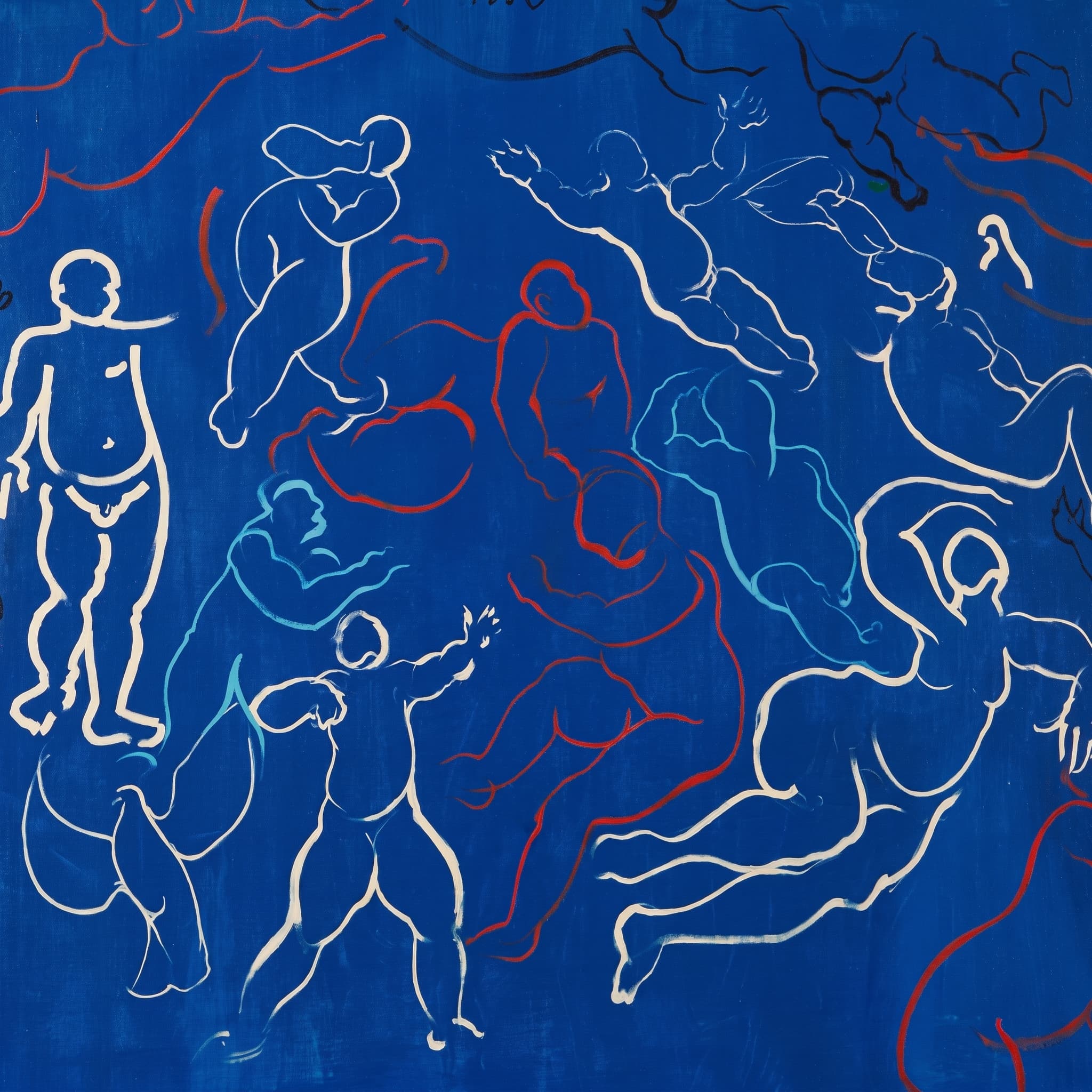Loose white and red outline figures on a cobalt-blue ground.