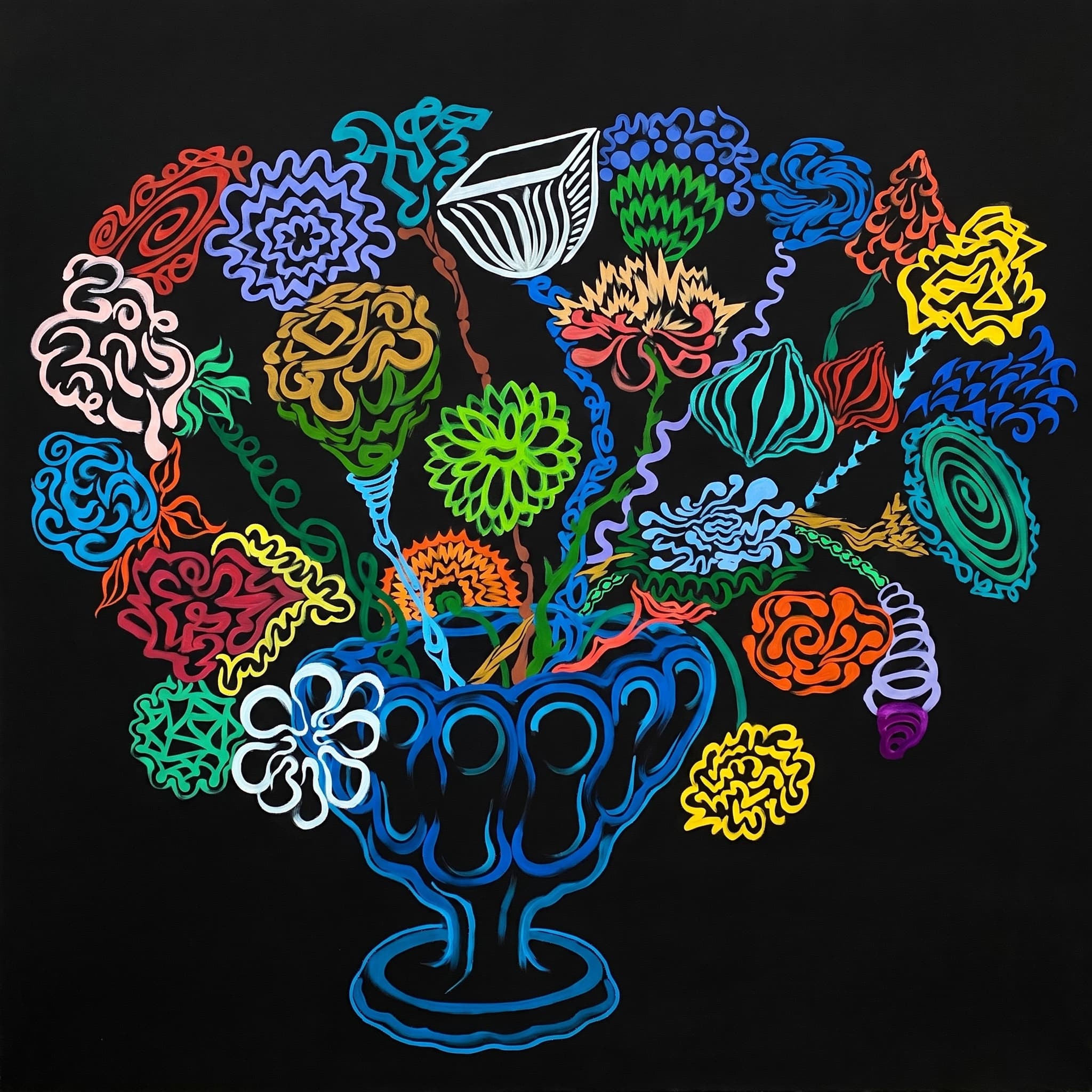 Multicolor line-drawn bouquet in a blue vase on a black ground.