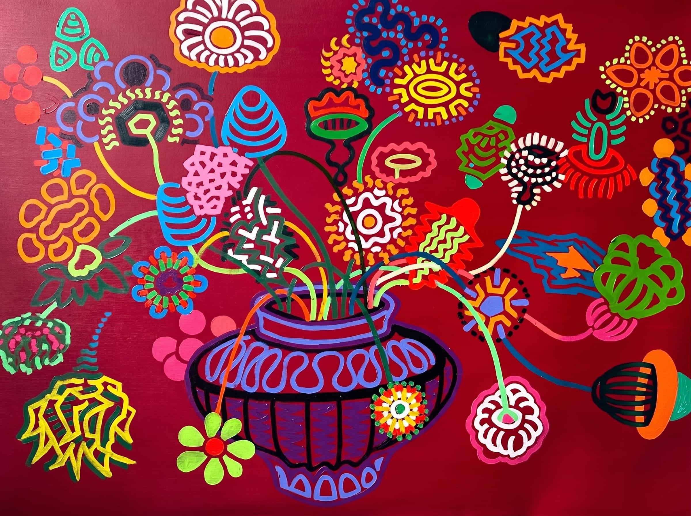 Bold folk bouquet in a purple and blue vase on a deep red ground.