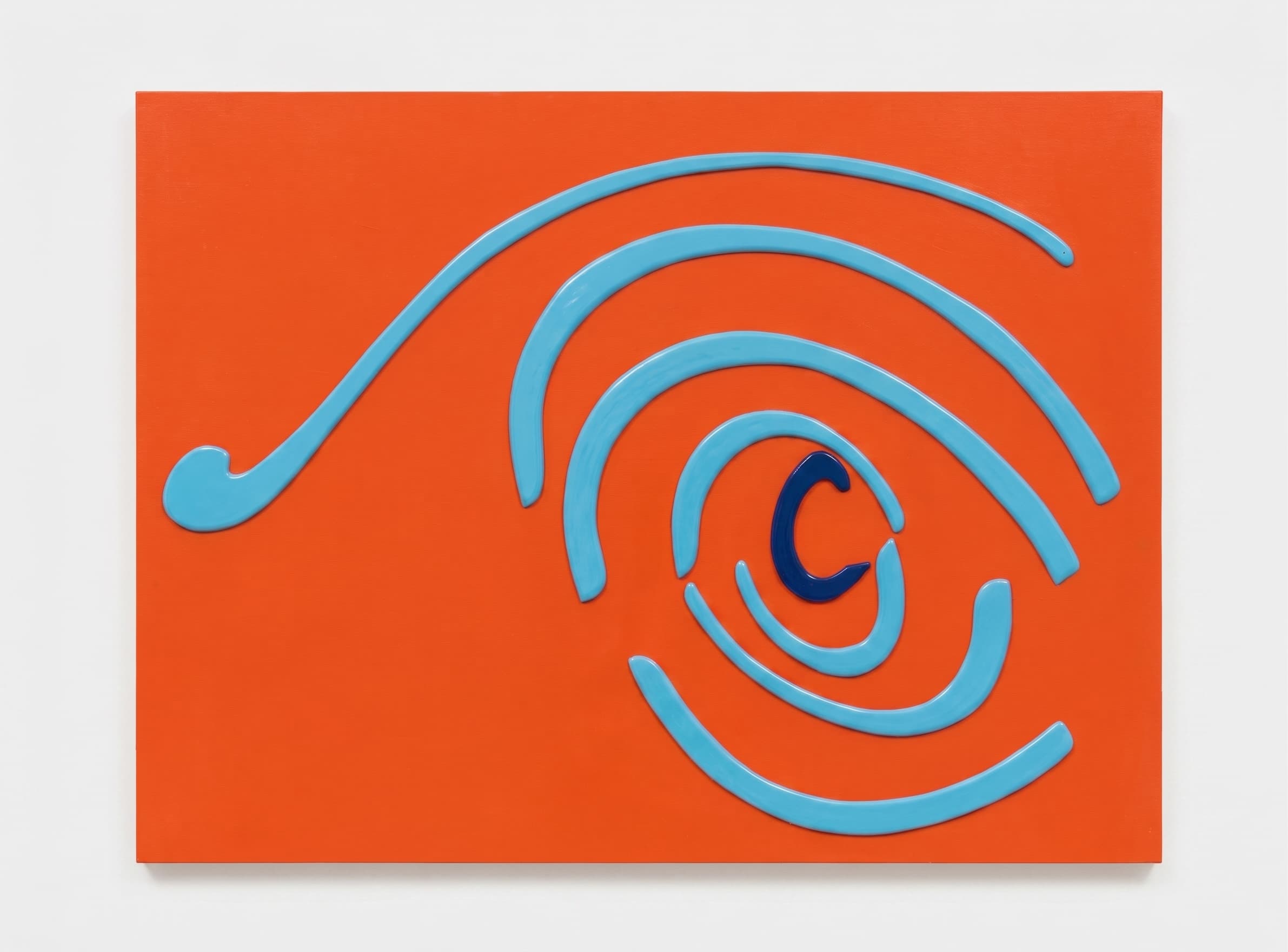 Orange panel with a light-blue spiral curling into a dark navy center.