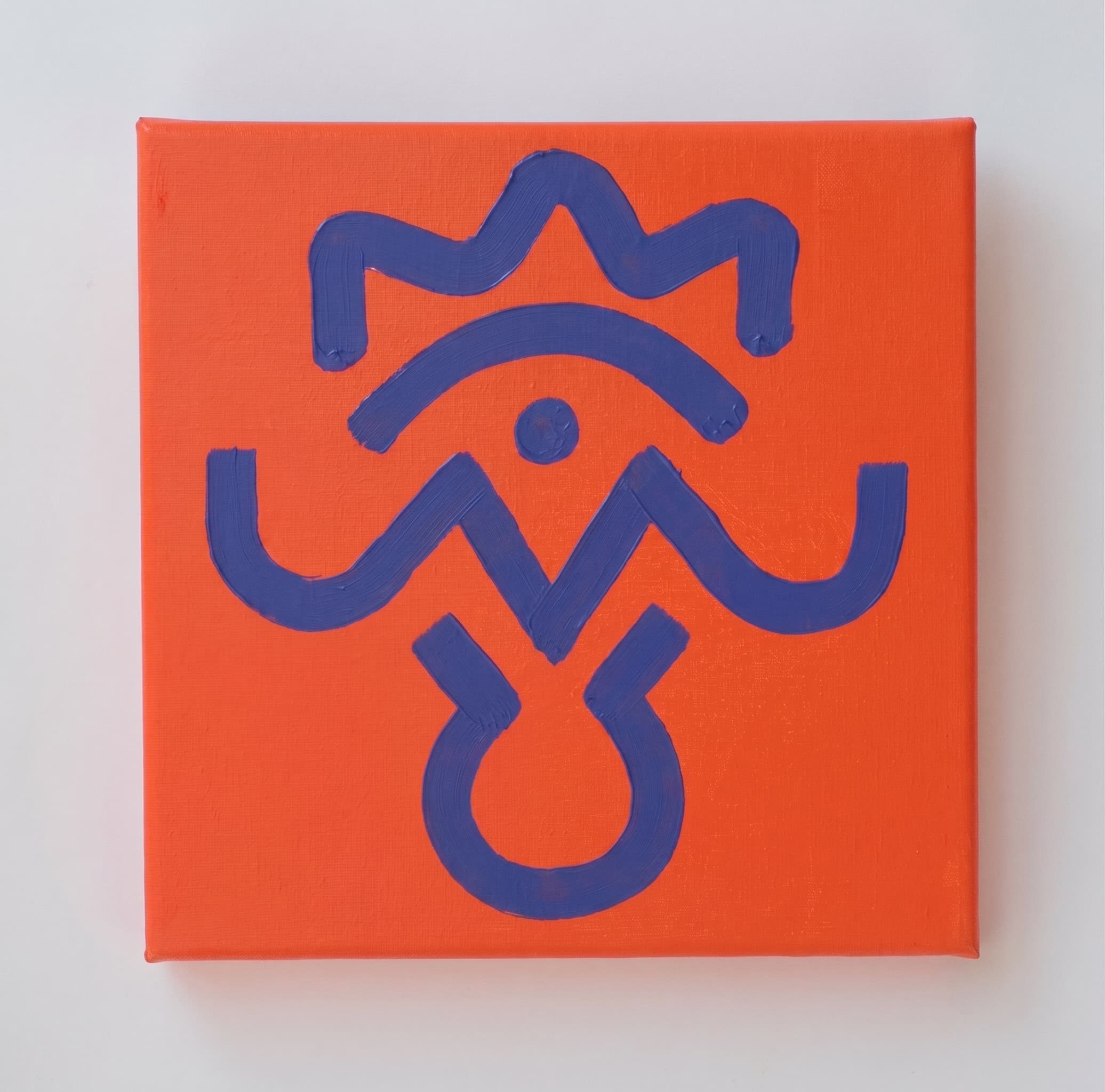 Orange canvas with a blue and violet crown-and-eye totem symbol.