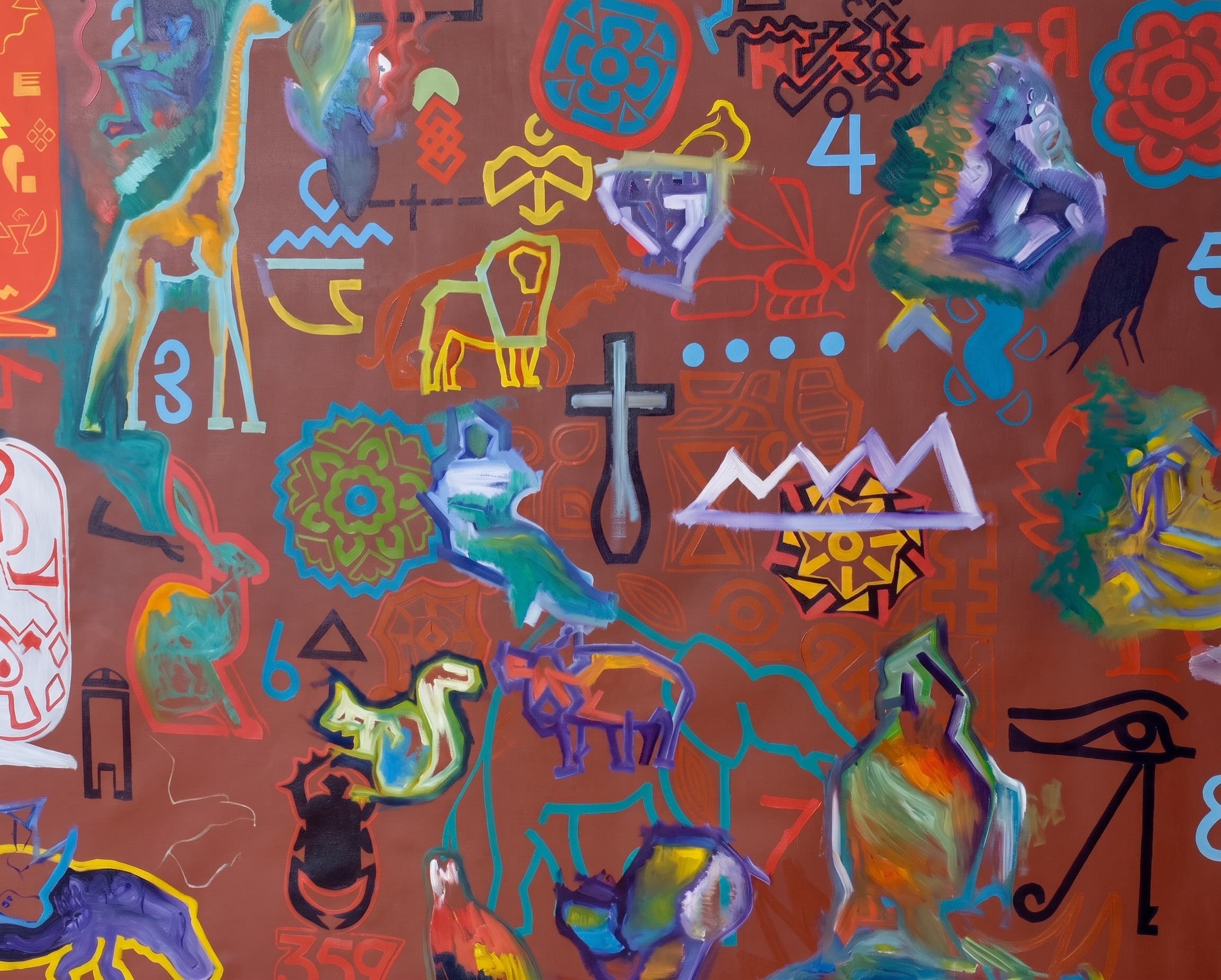 Rust-toned canvas densely covered with colored symbols, animals and glyphs.