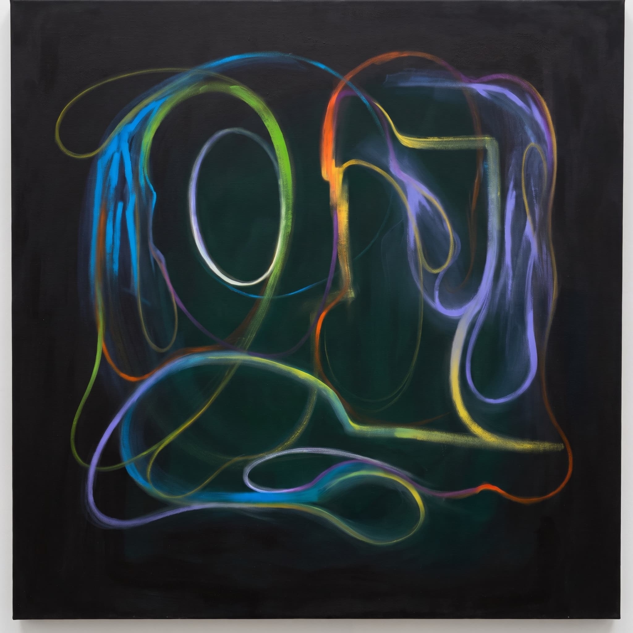 Glowing loops of blue, green, orange and violet on a green-black canvas.