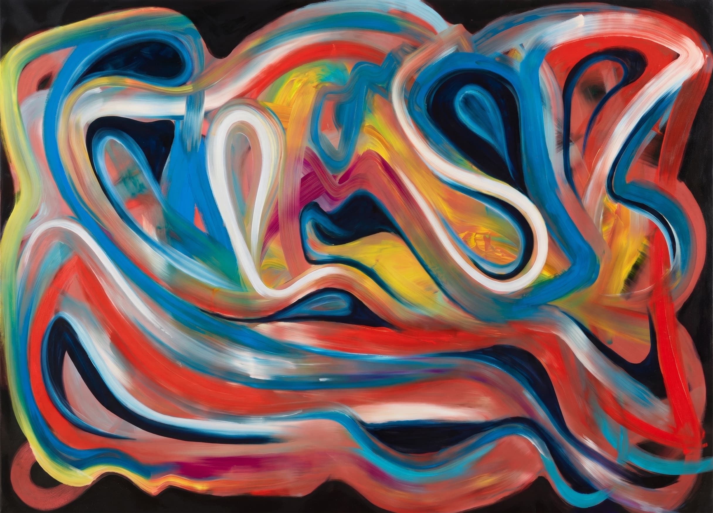 Luminous multicolor neon ribbon loops glowing on a dark ground.
