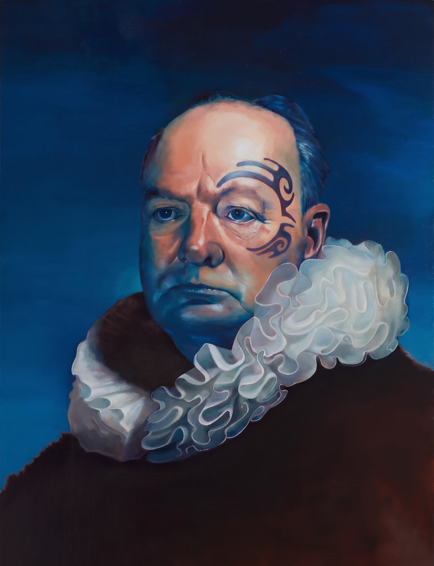Realist oil portrait of an older man with facial tattoos in an Elizabethan ruff.