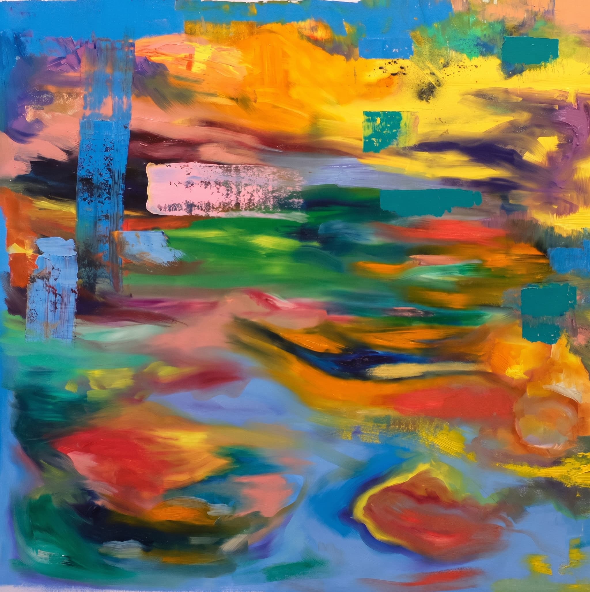 Gestural abstract landscape in blues, yellows, greens and teal.