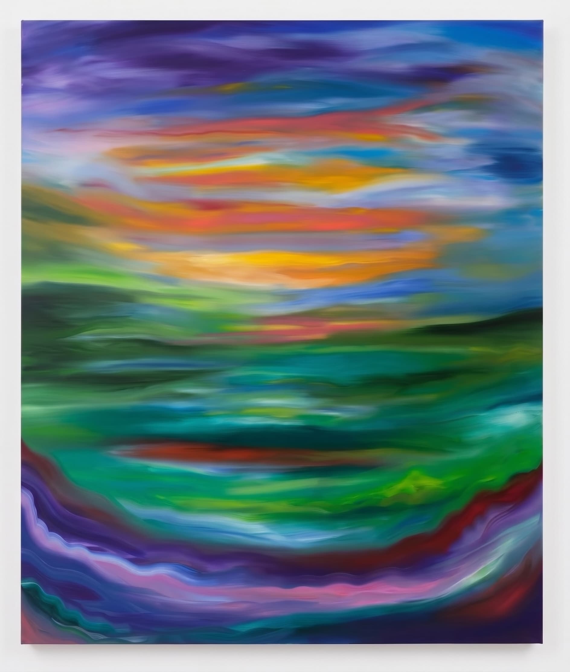 Atmospheric sunset waterscape in purple, orange, yellow, green and teal.