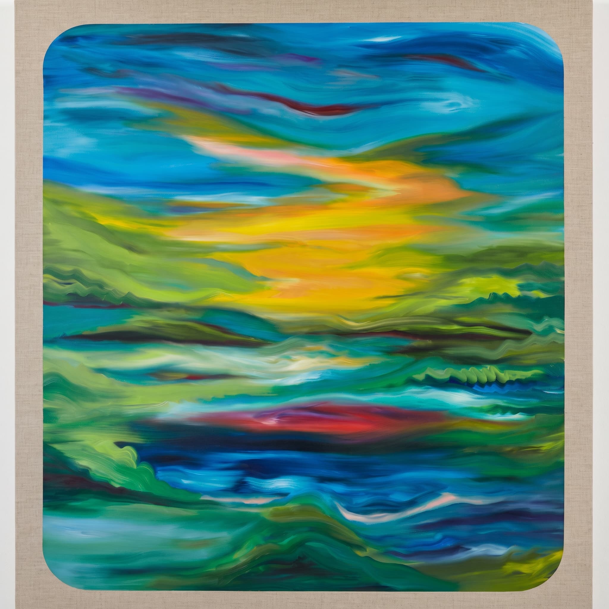Abstract blue, green and gold seascape with a red accent band.