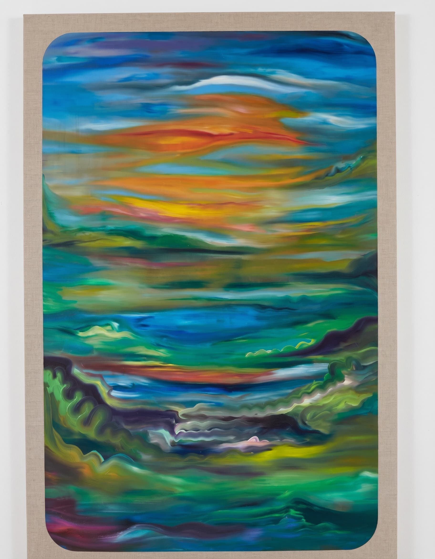 Tall vertical abstract sunset seascape with rippled detail.