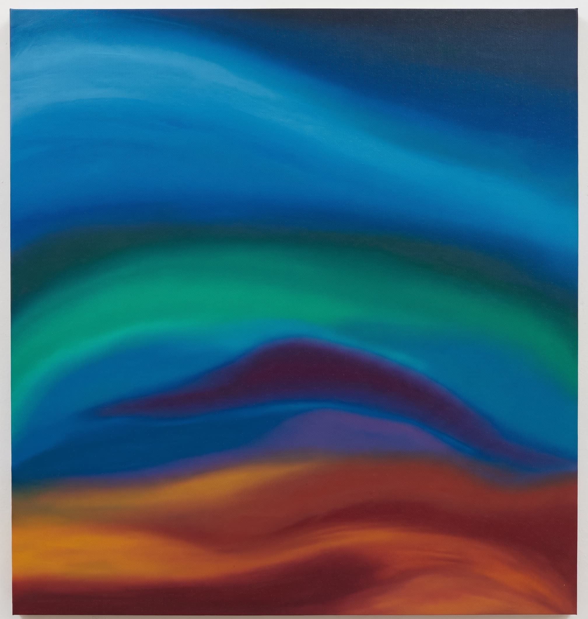 Horizontal atmospheric bands of blue sky, green aurora and a red dune.